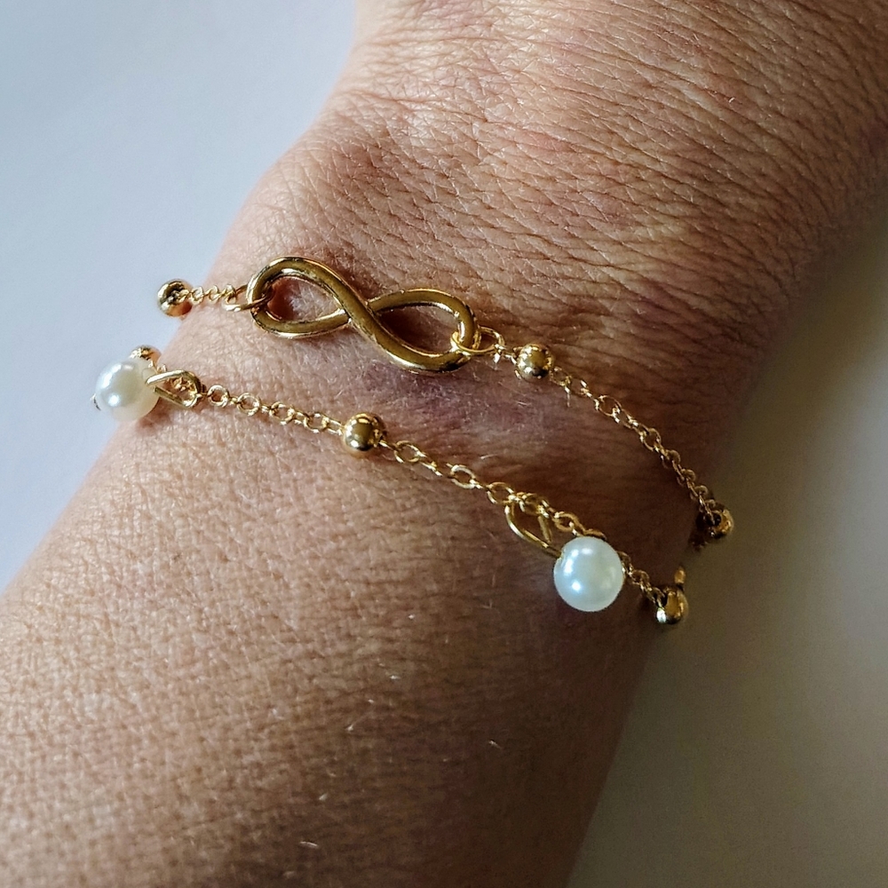 14k Gold Plated Infinity and Pearl Bracelet Set